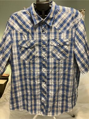Wrangler Men’s XXL Blue Plaid Western Pearl Snap Shirt Short Sleeve Cowboy